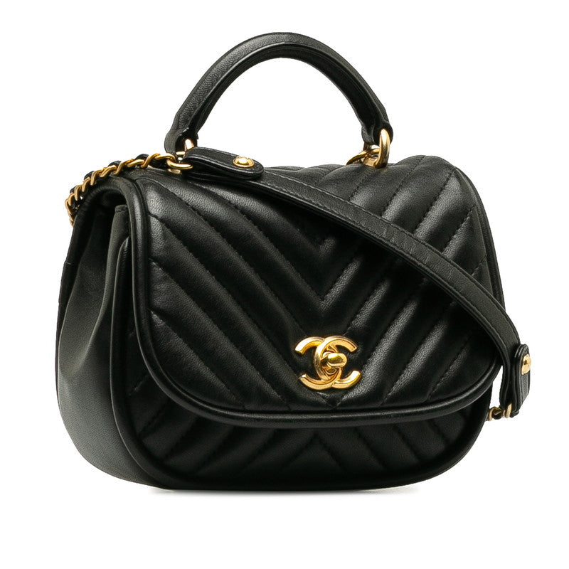 Chanel Coco V Stitch Top Handle Chain Shoulder Bag Black Leather 
