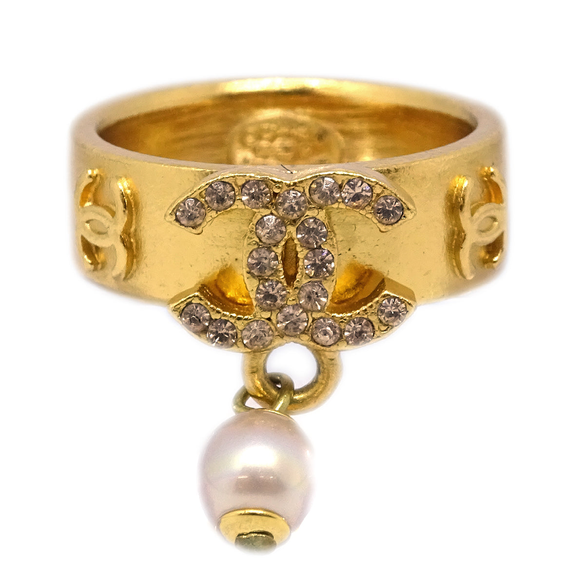 Chanel Ring Rhinestone Artificial Pearl Gold 