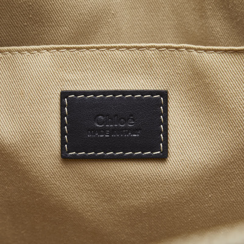 Chloe Woody Small Logo Tape Tote Bag Shoulder Bag Beige Black Canvas Leather  Chloe