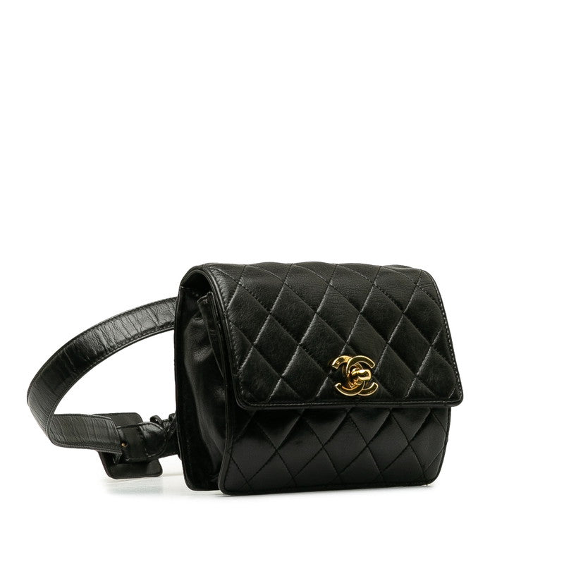 CHANEL Vintage Matlasse Belt Bag Waist Bag Lambskin Leather Black Women&#39;s