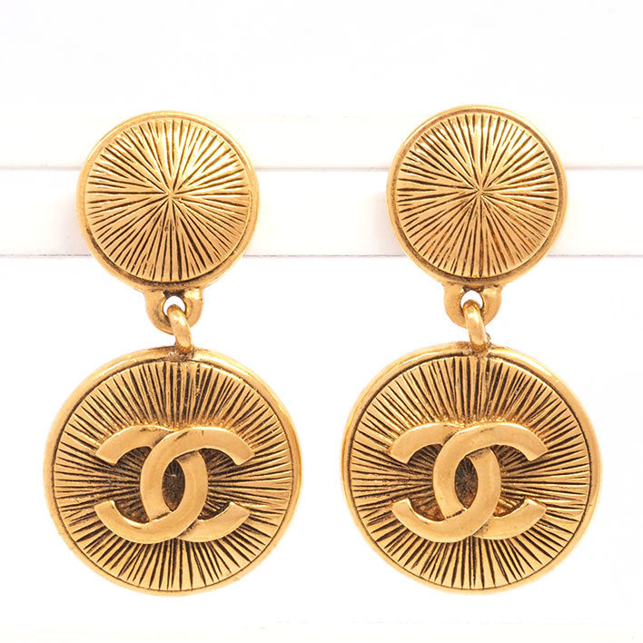 Vintage Chanel Earrings Round Double Medallion CC Logo Gold