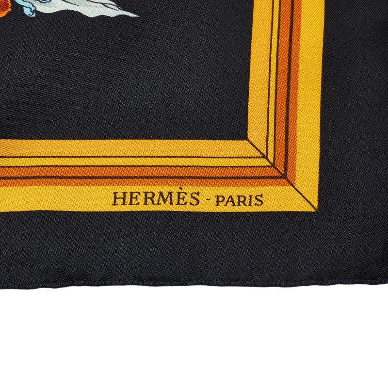 Hermes Carré 90 Flowery Coast treet Quai aux fleurs Scarf Black Gold Silk  Hermes