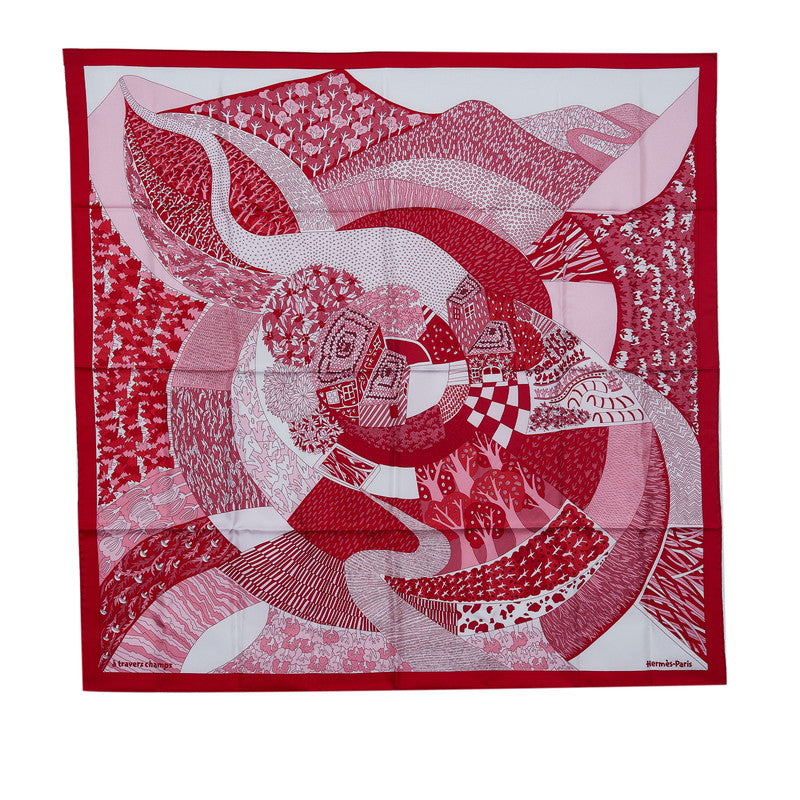 Hermes Carré 90 Travers Champs Cross the countryside Scarf Red Multicolor Silk Ladies Hermes