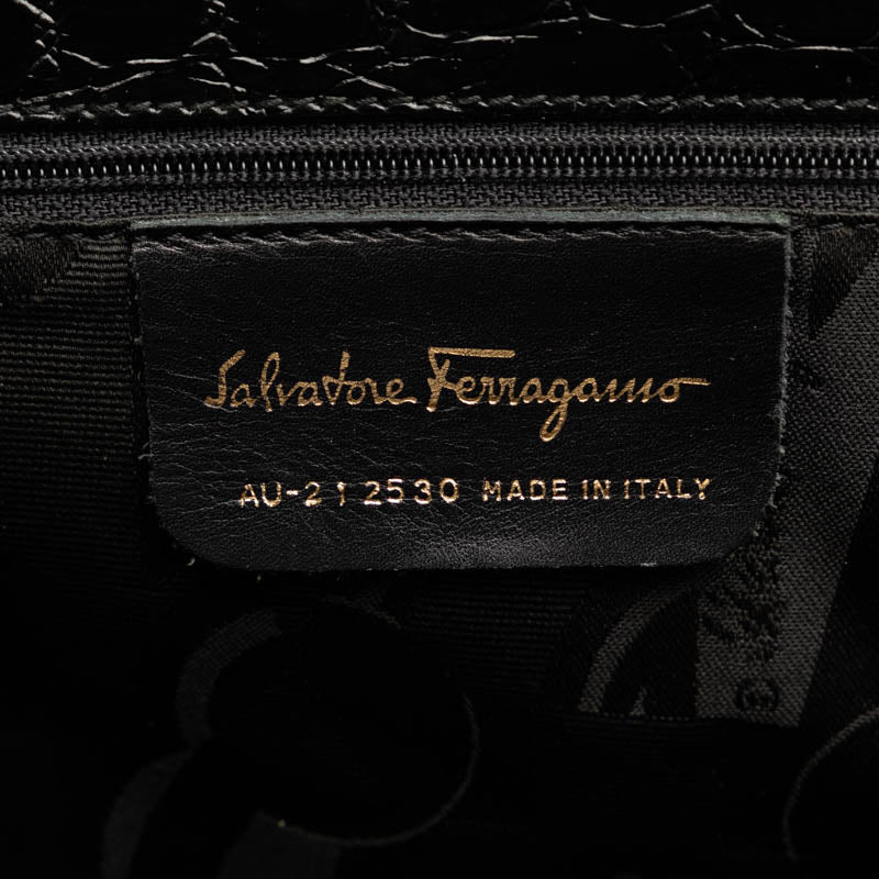 Salvatore Ferragamo Villa Ribbon Crocodile Pressed s Bag AU-21 2530 Black Leather Ladies Salvatore Ferragamo