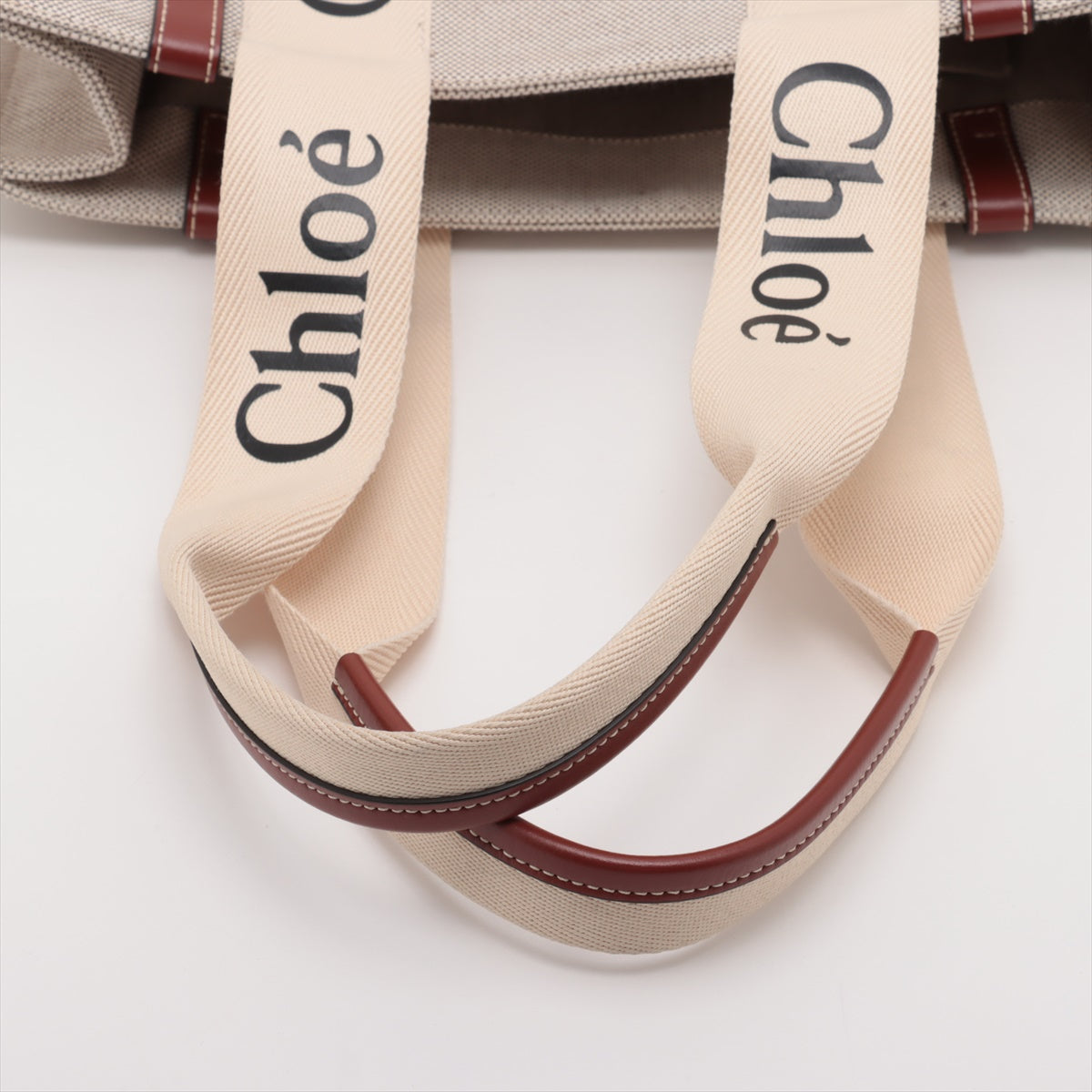 Chloe Woody Medium Canvas  Leather Tote Bag Beige