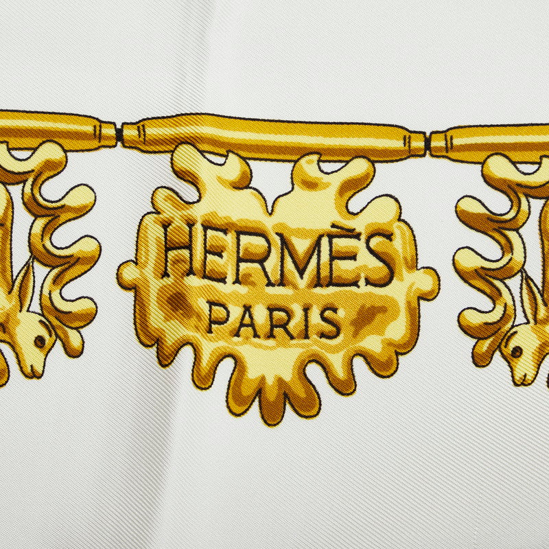 Hermes Carré 90 Les Cavaliers d&#39;Or Golden Knights Scarf White Multicolor Silk Ladies Hermes