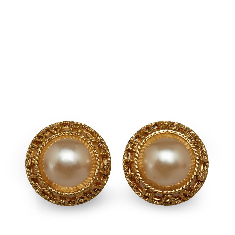 Chanel Vintage Logo Round Fake Pearl Earrings Gold  Ladies Chanel
