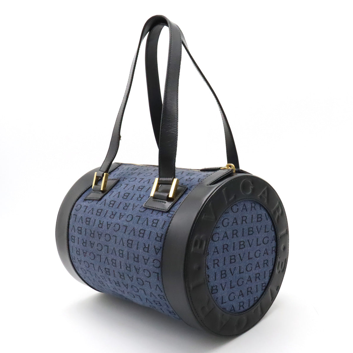 BVLGARI  B-ZERO1 Beezeroun Logomania Handbag Rollery Round Denim Canvas Leather Blue Black Gold  Black Gold Blumine/Mosaic Quality