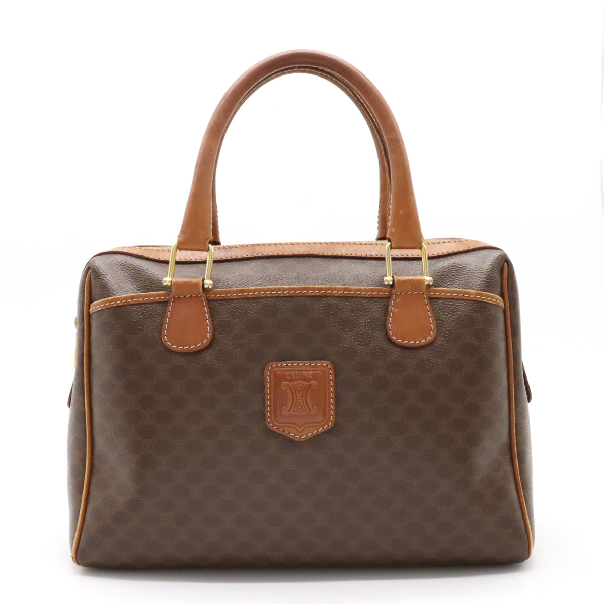 Celine Macadame Handbag Mini Boston Bag PVC Leather Brown Tea Dark Brown Gold  Blumin