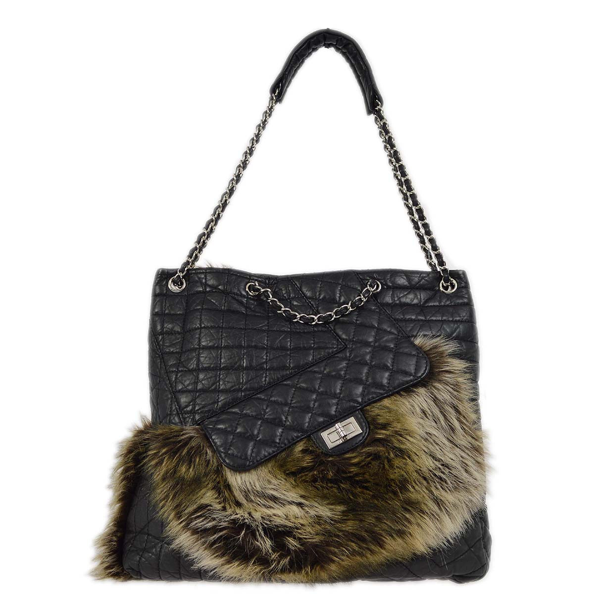 Chanel Black Calfskin Fur Mademoiselle Lock 2way Tote Handbag