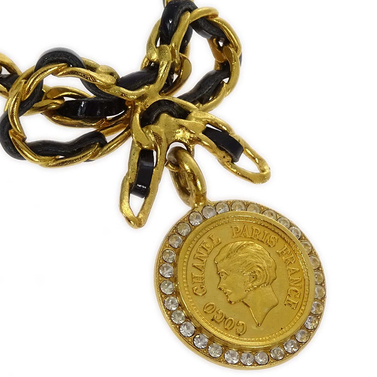 Chanel Chain Pendant Necklace Rhinestone Gold 96P
