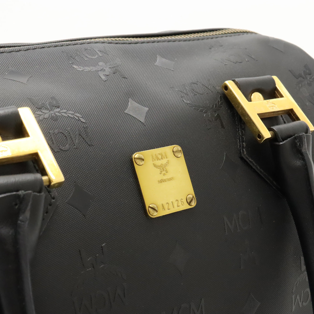 MCM Emsiem Logo Handbag Mini Boston Bag PVC Leather Black Black Gold  Blumin