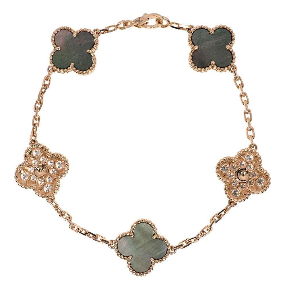 Van Cleef &amp; Arpels Vintage Alhambra Bracelet 5 Motif 750PG K18 Pink G Grmaker  Pearl Diamond Jewelry