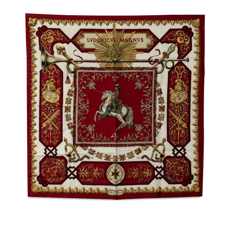 Hermes Carré 90 LVDOVICVS MAGNVS Louis XIV Crossed on a White Horse SCalf Wine Red White Multicolor Silk  Hermes