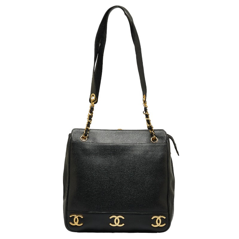 Vintage Chanel 13 Beige Caviar Leather 3 Compartment Chain Shoulder Bag