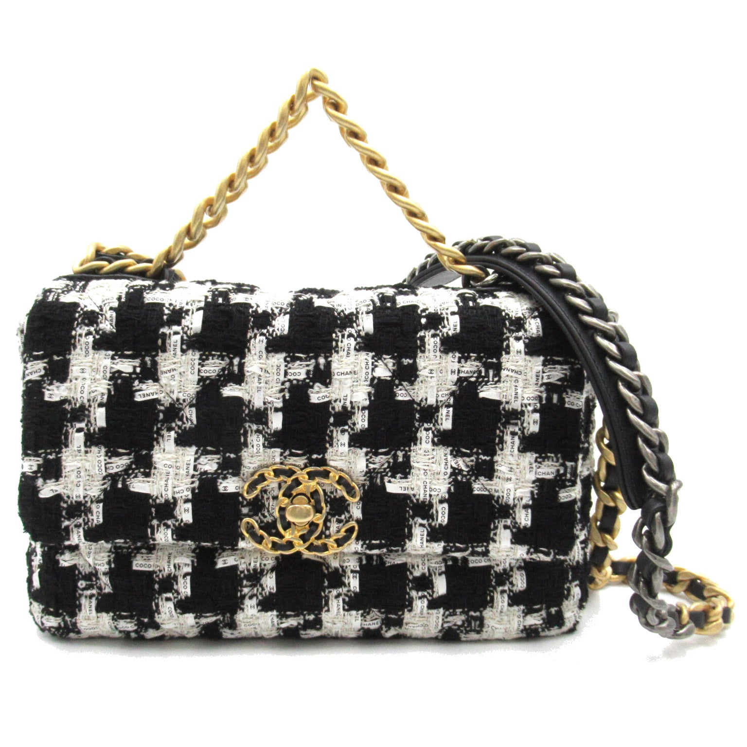 CHANEL CHANEL 19 Chain Shoulder Bag Tweed/Wall/Leather  Black/White AS1160
