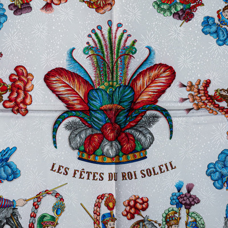 Hermes Carré 90 Les Fetes du Roi Soleil The Feast  the Sun King SCalf Navy White Multicolor Silk  Hermes