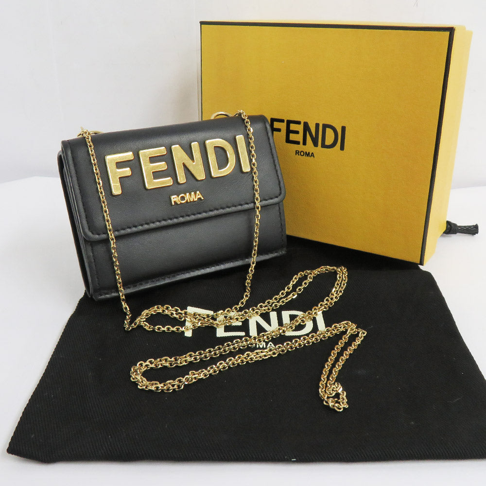 Fendi Chain Wallet 8M0481 Three Fold Wallet Mini Wallet Black Gold  Black Logo ather