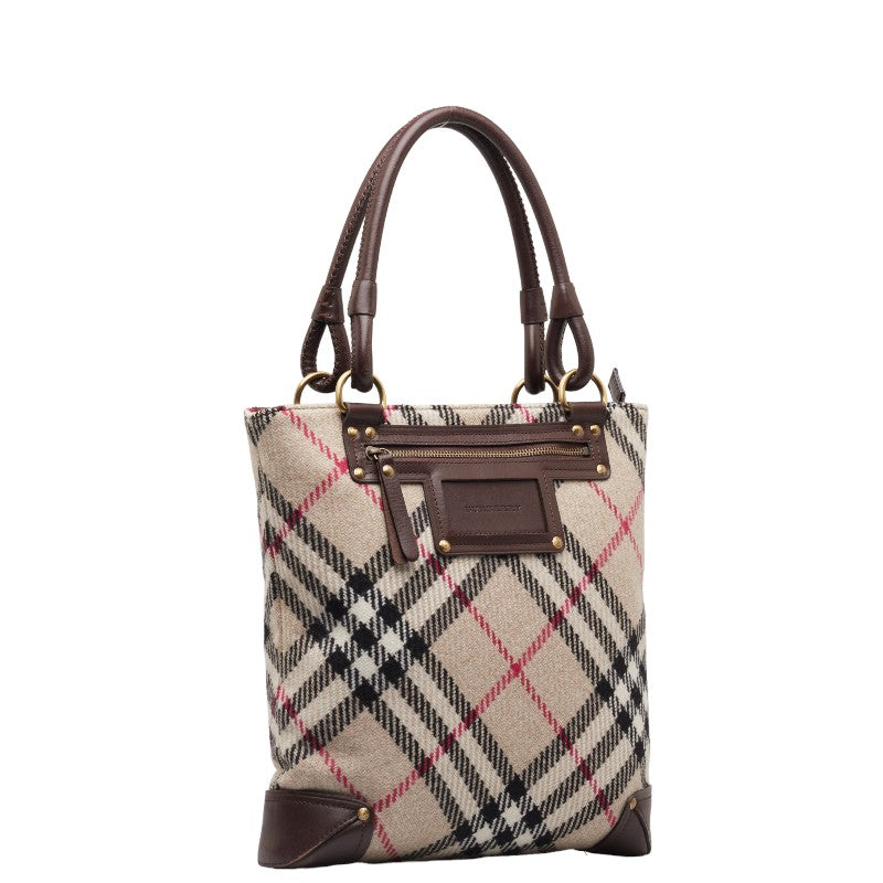 Burberry Noneva Check Tote Bag Shoulder Bag Beige Brown Wool Leather  BURBERRY