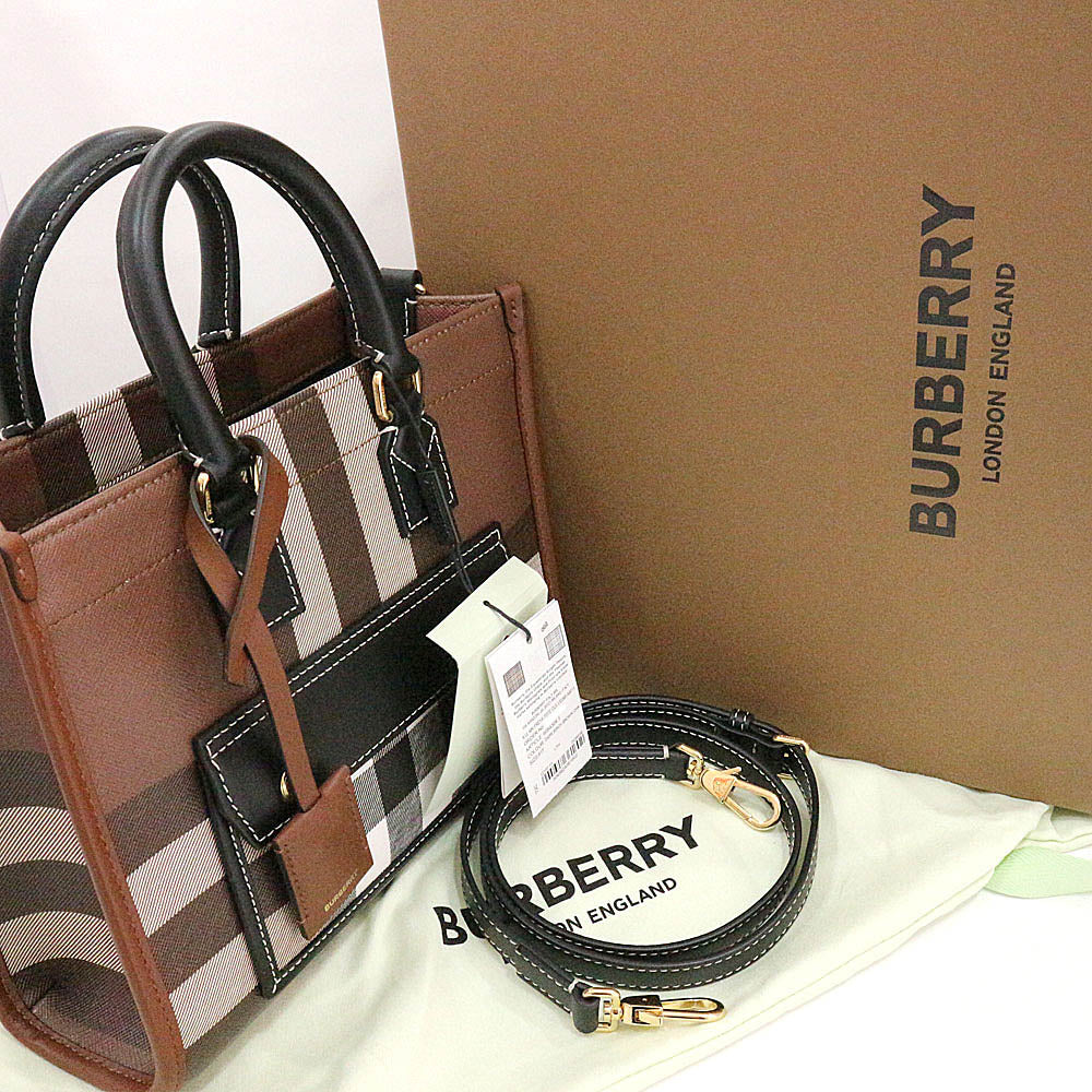 Burberry Bag FREYA MINI Mini Freya 8054309 Dark  Brown Checksuit GD G  PVC Canvas Leather Women  2WAY Beauty Preservation Bag Box
