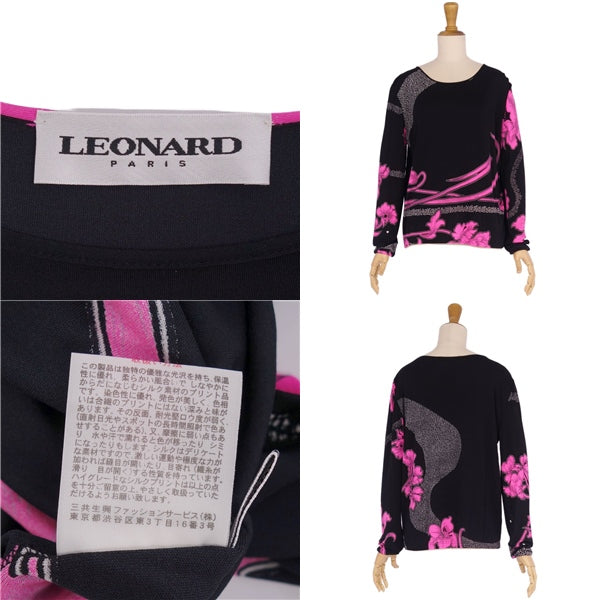 LEONARD PARIS  Long Sleeve Flower Tape Silk Tops  40 (M equivalent) Black/Pink