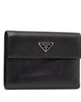 Prada Saffiano Triangle Logo  Three Fold Wallet Black Leather  Prada Ginestapo