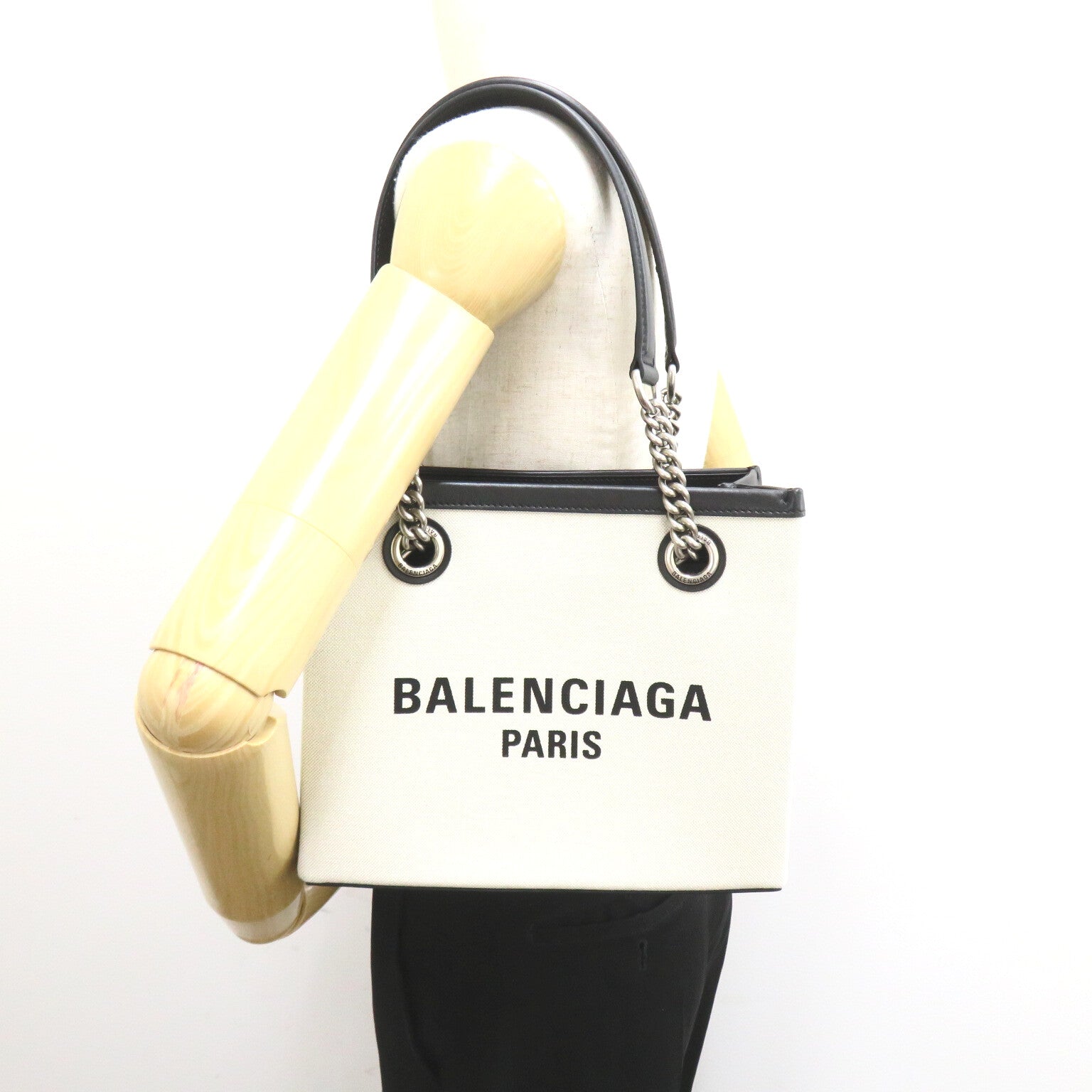 Balenciagaga BALENCIAGA Duty Free Small Tote Bag Cotton Leather  White/Black 759941 2AAOK