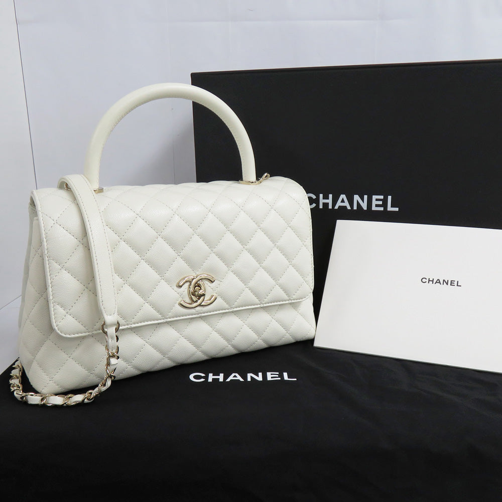 CHANEL Chanel Coco Handle 29 Top Handle Flap Bag  A92991 Caviar S White G   White Handbag Shoulder Bag  Coco