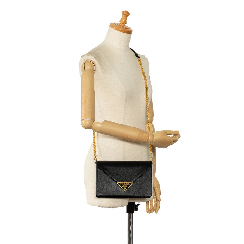 Prada Saffiano Triangle Logo Chain Shoulder Bag 1BD318 Black G Leather  PRADA