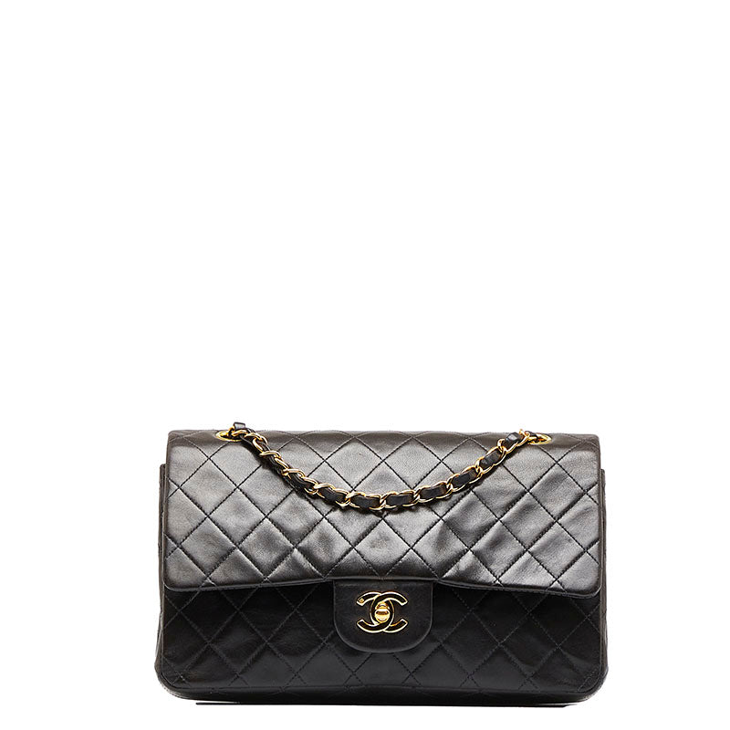 Chanel 25 Double Flap Chain Shoulder Bag Black Gold Lambskin