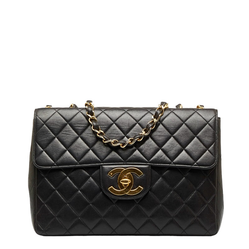 Chanel Deca Matlasse 30 Single Flap Chain Shoulder Bag Black Lambskin