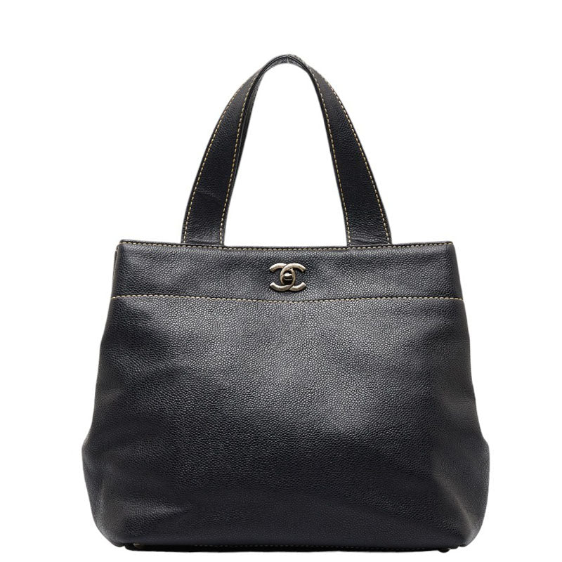 Chanel Coco Turn Lock Handbag Tote Bag Black Caviar Leather