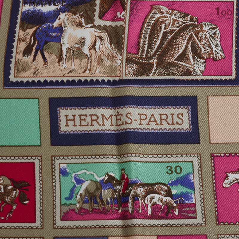 Hermes Calle 90 CORRESPONDANCE Stamp Pattern Scarf Pink Multicolor Silk