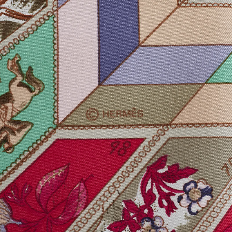 Hermes Calle 90 CORRESPONDANCE Stamp Pattern Foulard Rose Multicolore Soie