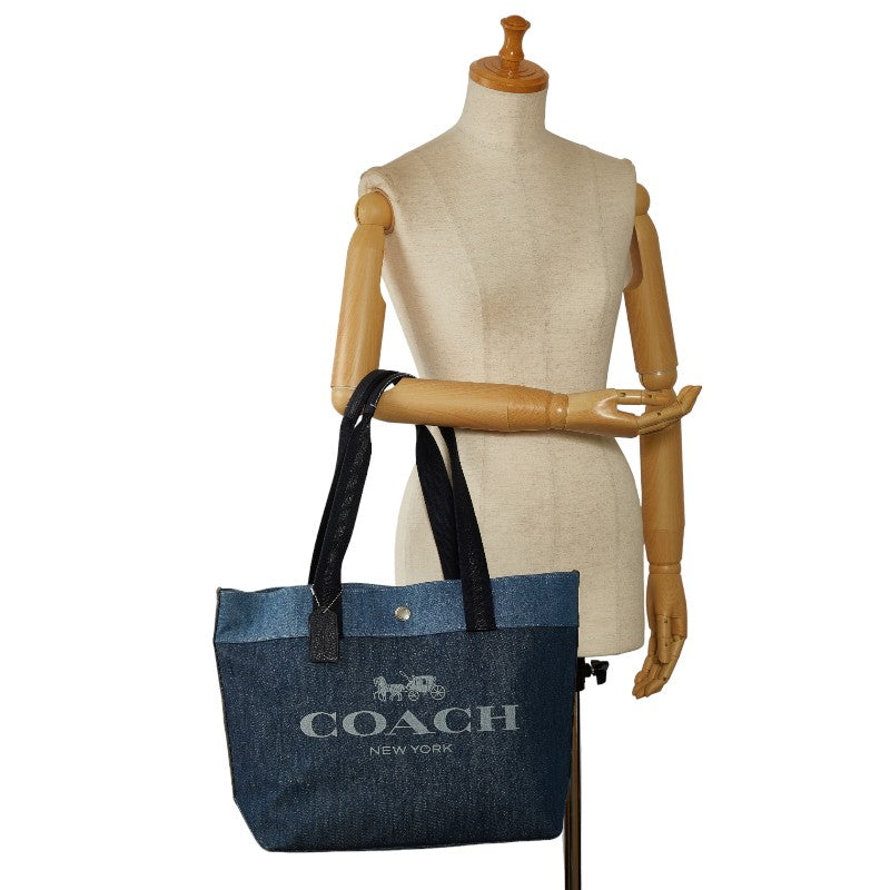 Coach Logo Tote Bag 91131 Blue Denim Linen Leather  Coach