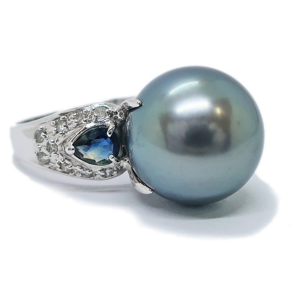 K18WG pearl about 14mm diamond 0.2ct sapphire 0.5ct ring 