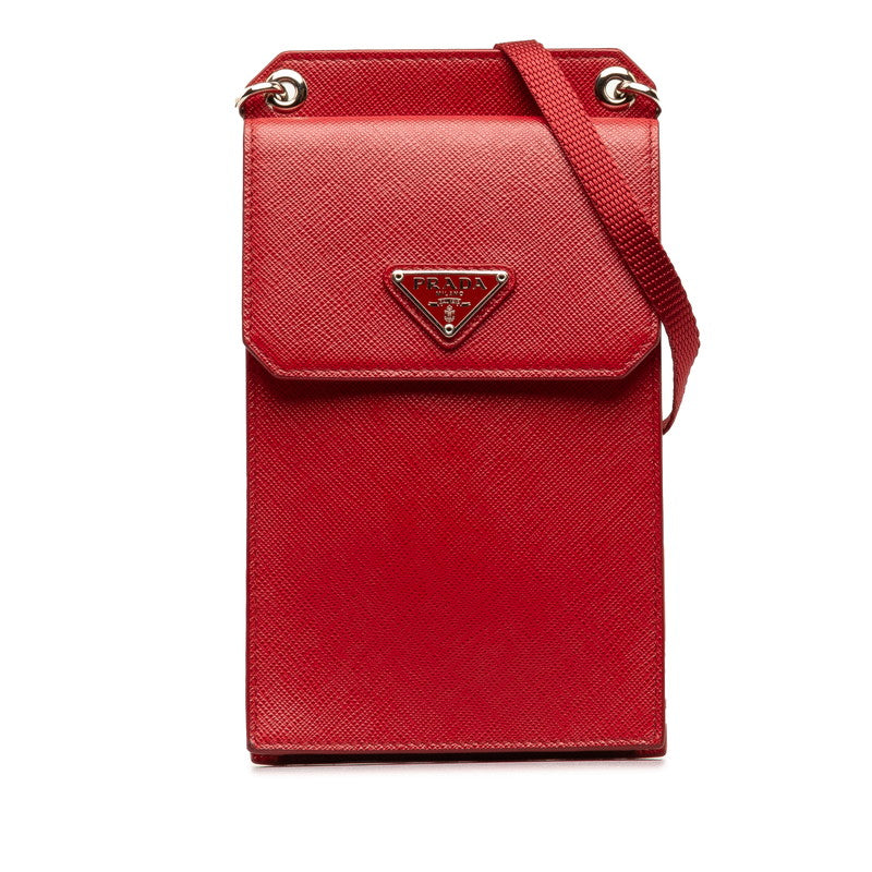 Prada Triangle Logo  Saffiano Smartphone  Shoulder Bag Red Silver Leather  Prada Middle Saffiano