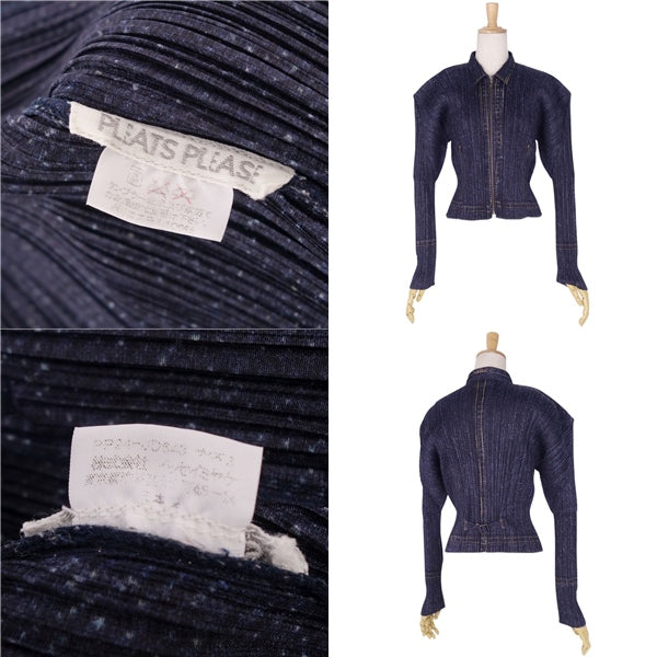 Issey Miyake Pleated Jacket Zip-up Denim Transcript Print  3 (L equivalent) Indigo Blue