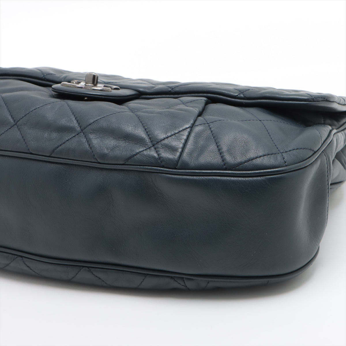 Chanel Matrasse Leather Single Flap Double Chain Bag Navy Gummetal G