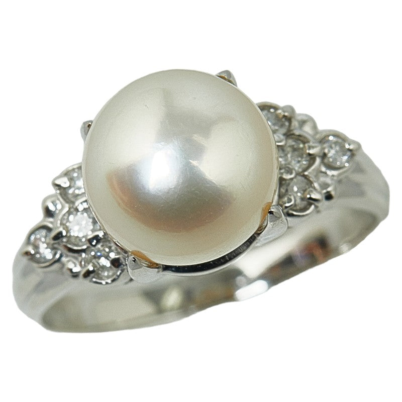 Pt900 Platinum Aqua Pearl 9.1mm Diamond Ring 0.14ct Ring  None. 10