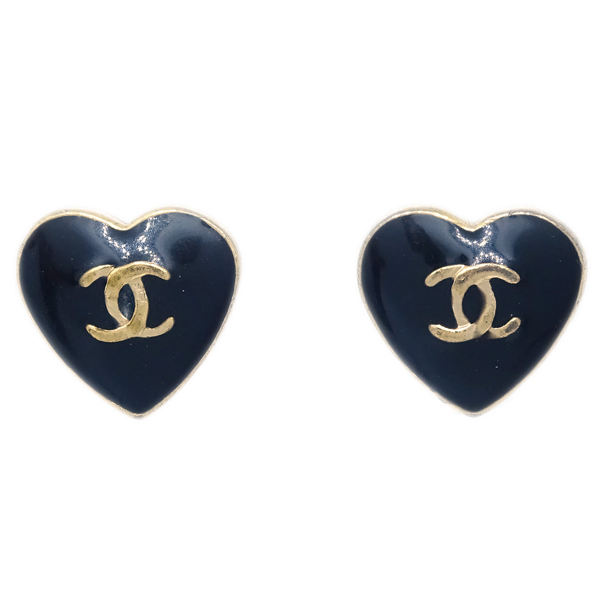 Chanel Heart Piercing Earrings Gold Black 04A
