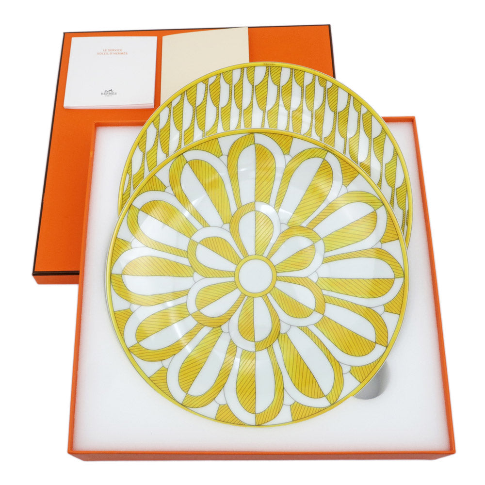 Hermes Dessert  Soleil 2 Sets Yellow White Plates Pair Ceramics  New Products Until Used] Soleil