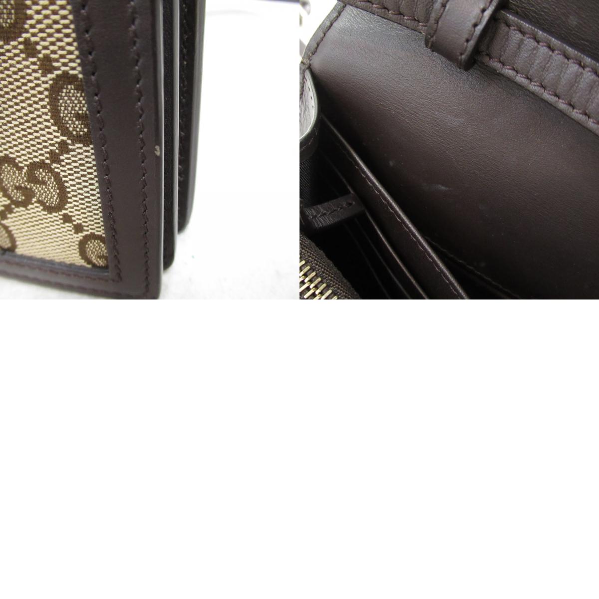 Gucci Shoulder Wallet Shoulder Bag Leather Linen  Beige Dark Brown 409439