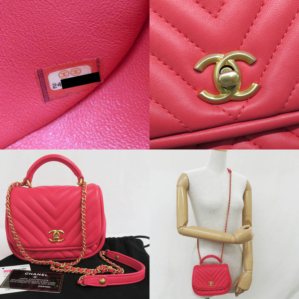 Chanel Chevron V Stitch Round Flap Bag A98791 2WAY Chain Shoulder Bag Pink  G   Top Handle Coco