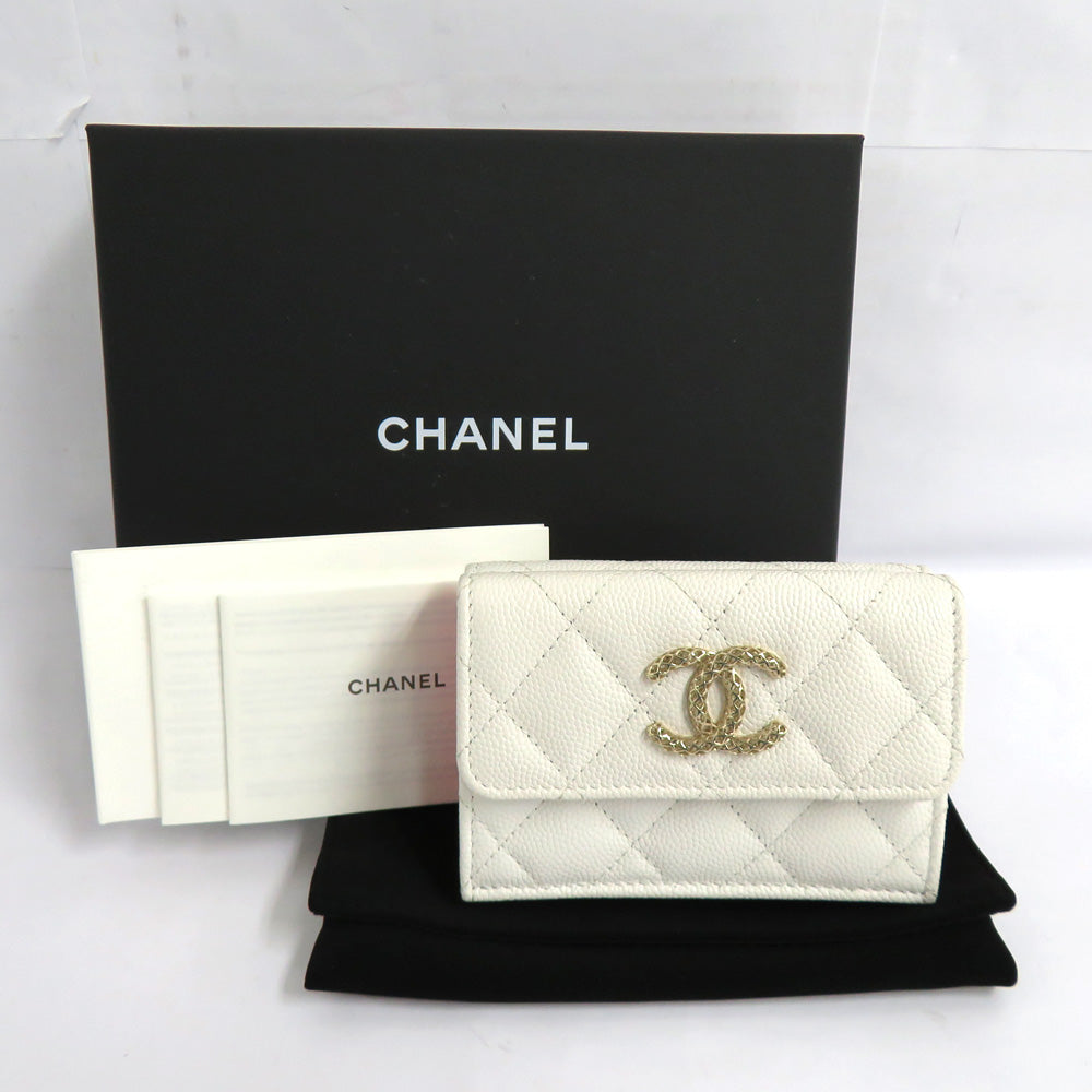 CHANEL Chanel Matrasse Small Flap Wallet AP3182 White Pink Champagne G  Caviar S Coco Three Folded Wallet Compact Wallet Mini  Fine s