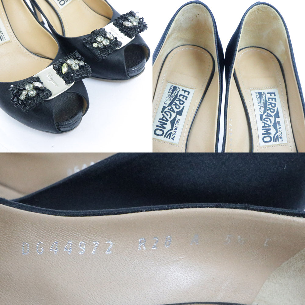 Ferragamo TEODRA VARA OPEN PUMPS Ribbon Satin Black 5 1/2 23.0cm Women's Shoes