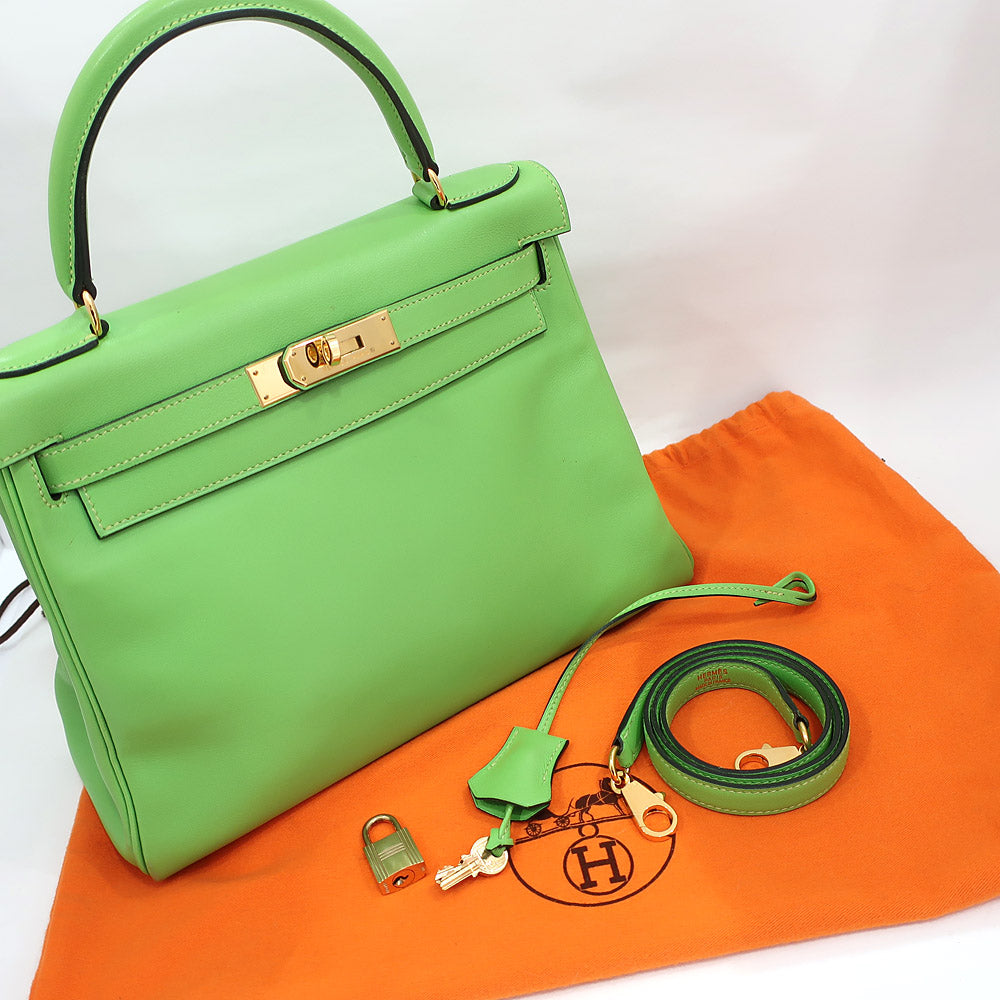 HERMES Hermes Bag Kelly Kelly 28 Vogalifer   Apple Green/Gen Gold   B  1998 Manufactured Woman  Key/Cadena 2WAY  Bag  Strip