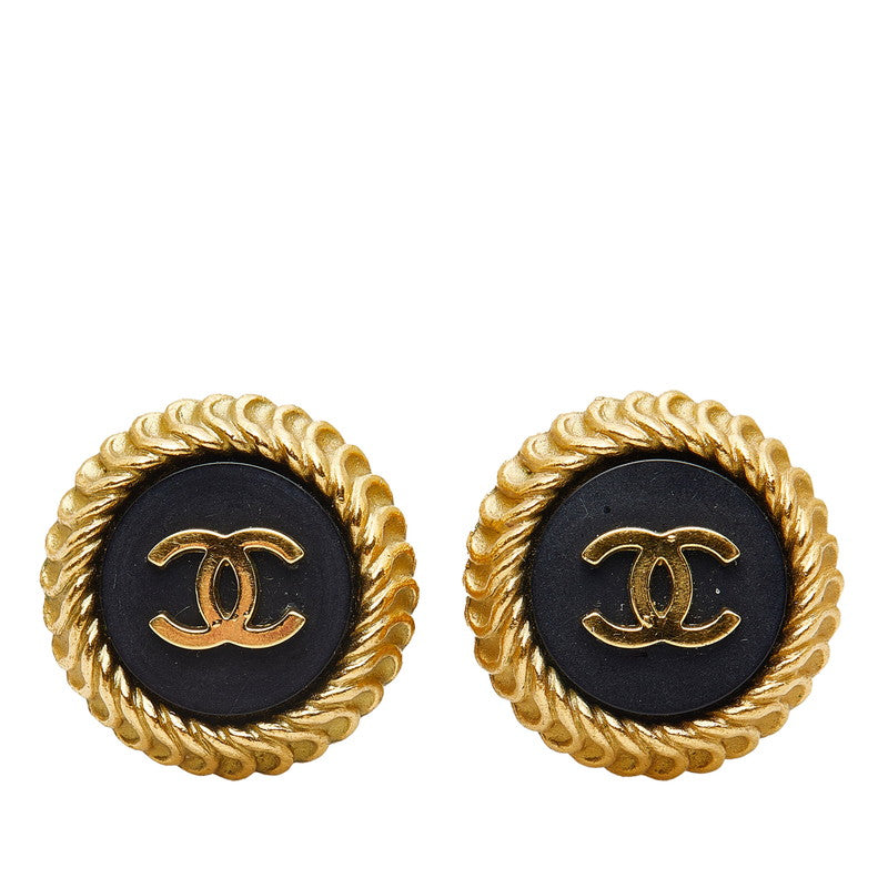 Chanel Vintage Coco Mark Round Earrings Black Gold Women's