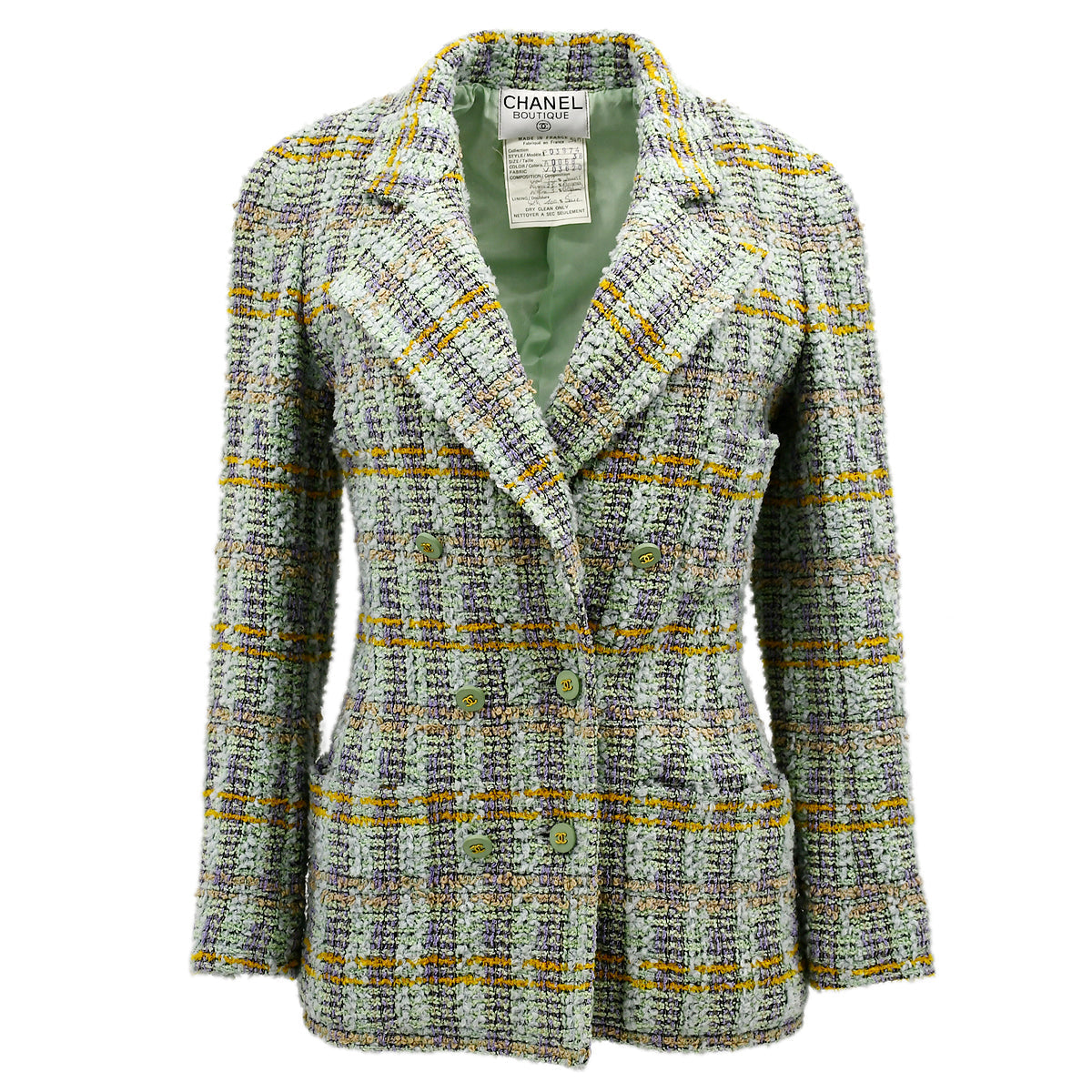 Chanel Double Breasted Jacket Green Tweed 94A 