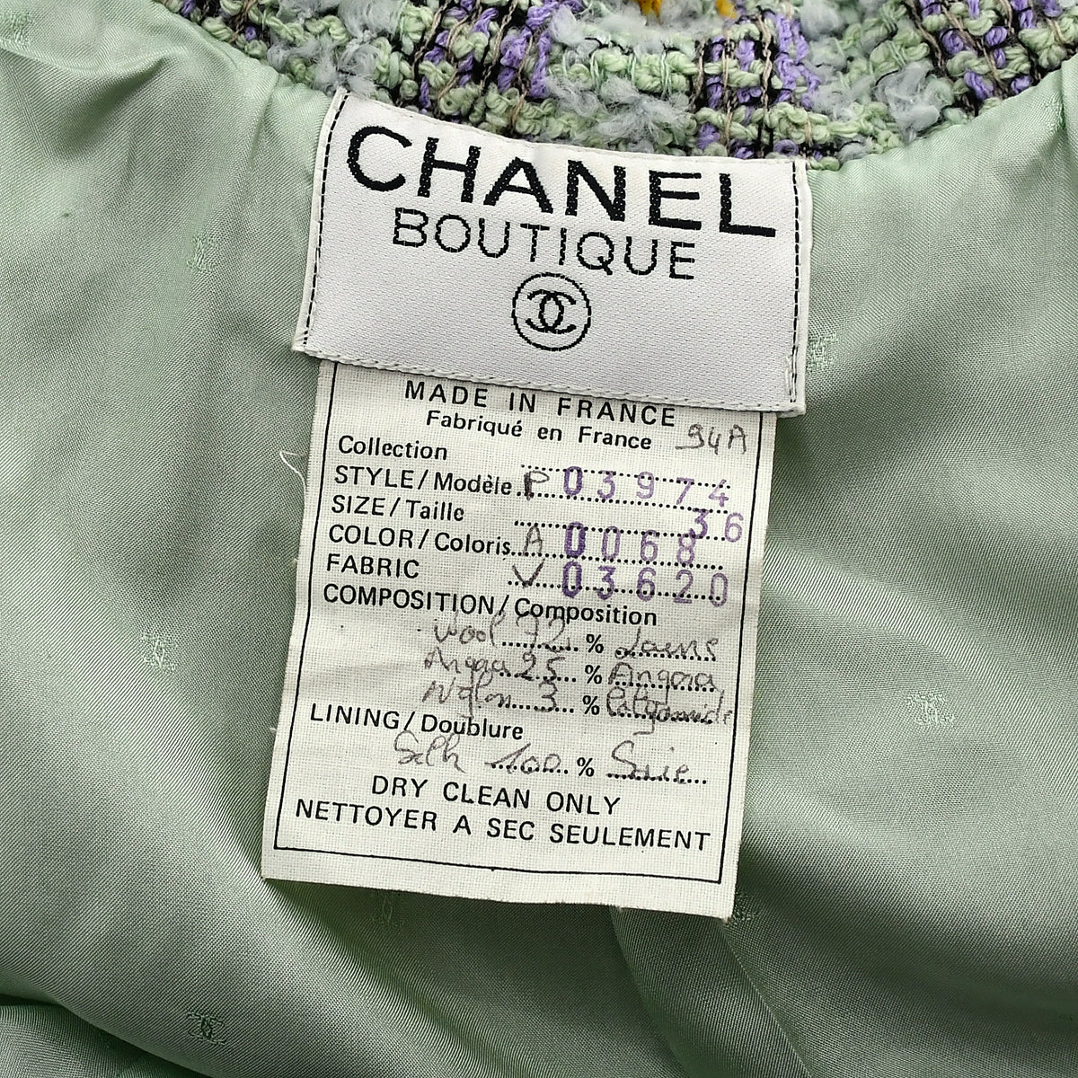 Chanel Double Breasted Jacket Green Tweed 94A 